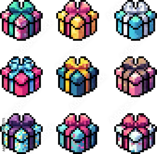 set of gift box in pixel art vector