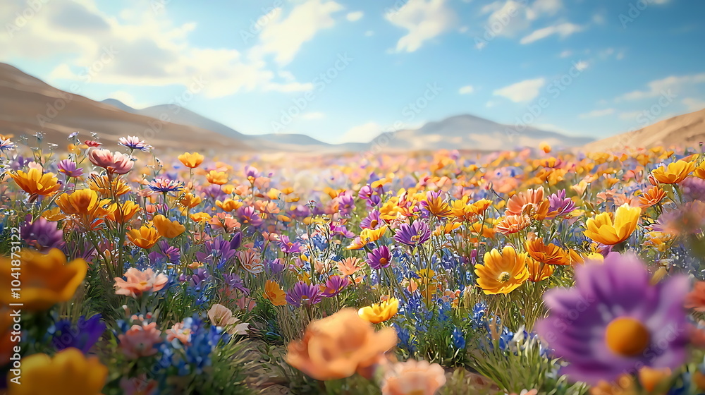 Obraz premium A stunning display of colorful flowers blooming in a vibrant natural landscape under a clear blue sky