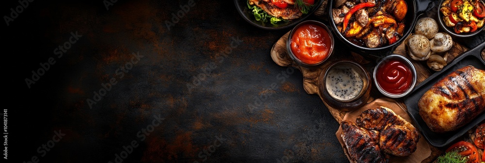 A top-down perspective of a beautifully arranged selection of delicious dishes. A top-down perspective of a beautifully arranged selection of delicious dishes.