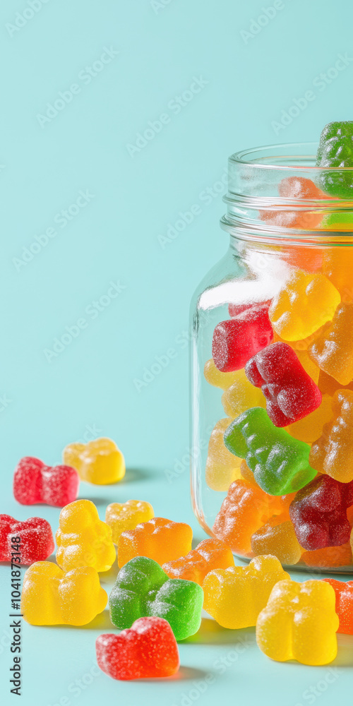 Colorful gummy bears spilling from a jar on a blue background Colorful gummy bears spilling from a jar on a blue background