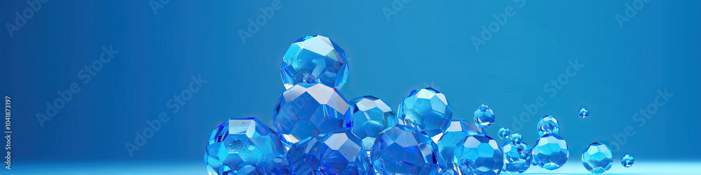 Naklejka premium Deep Blue: A group of blue crystals or glass spheres stacked in a tower, with some toppling and rolling away to create a cascade of blue hues.