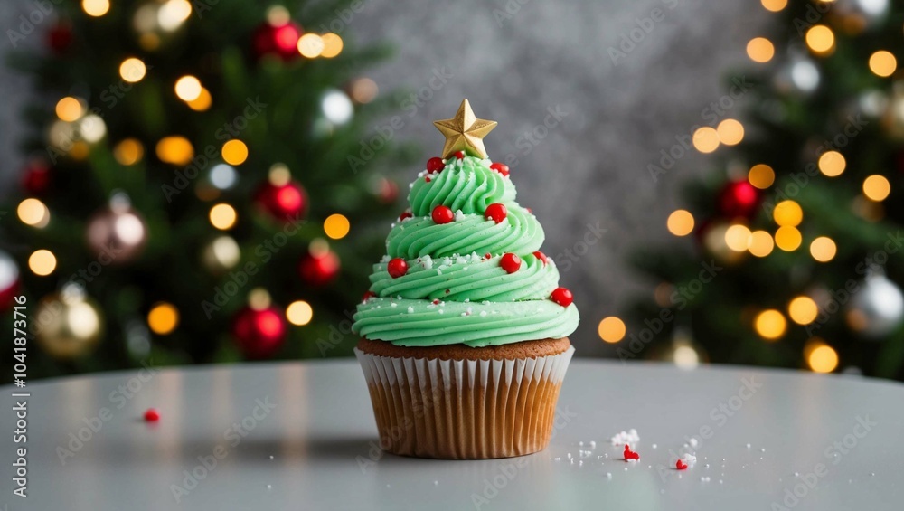 Christmas cupcakes decorated with a Christmas tree on a white plate. Christmas cupcakes decorated with a Christmas tree on a white plate.