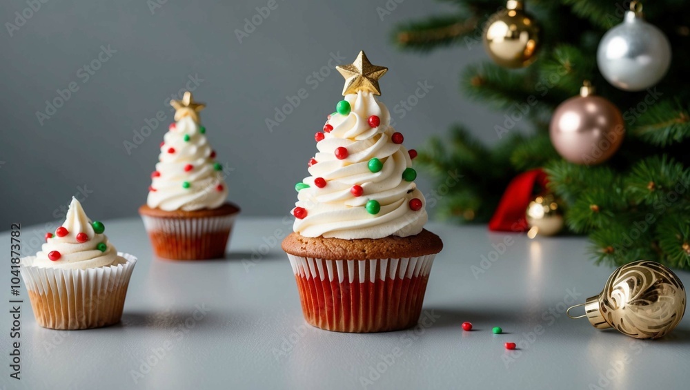 Christmas cupcakes decorated with a Christmas tree on a white plate. Christmas cupcakes decorated with a Christmas tree on a white plate.
