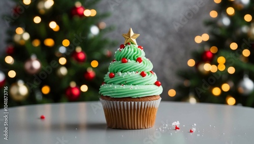 Christmas cupcakes decorated with a Christmas tree on a white plate.