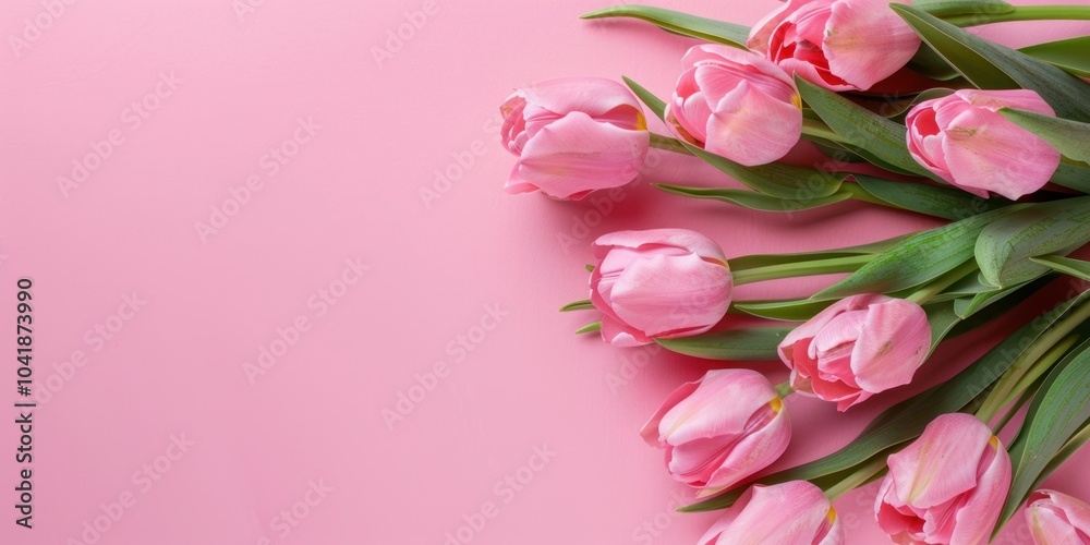 Obraz premium Pink tulips arranged in the bottom corner on a pastel pink background with copy space.