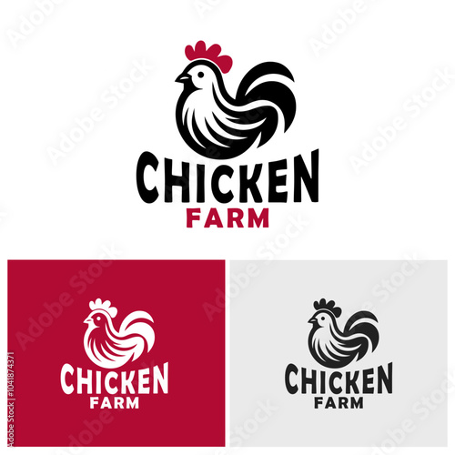 Stylized logos featuring a chicken with a comb and tail feathers, in black and white. Ideal for branding chicken farms.