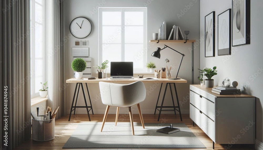 Fototapeta premium Modern Minimalist Workspace with Laptop and City View