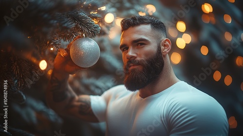 handsome man holding christmas toy in hand against christmas tree and festive atmosphere. warm lights in background