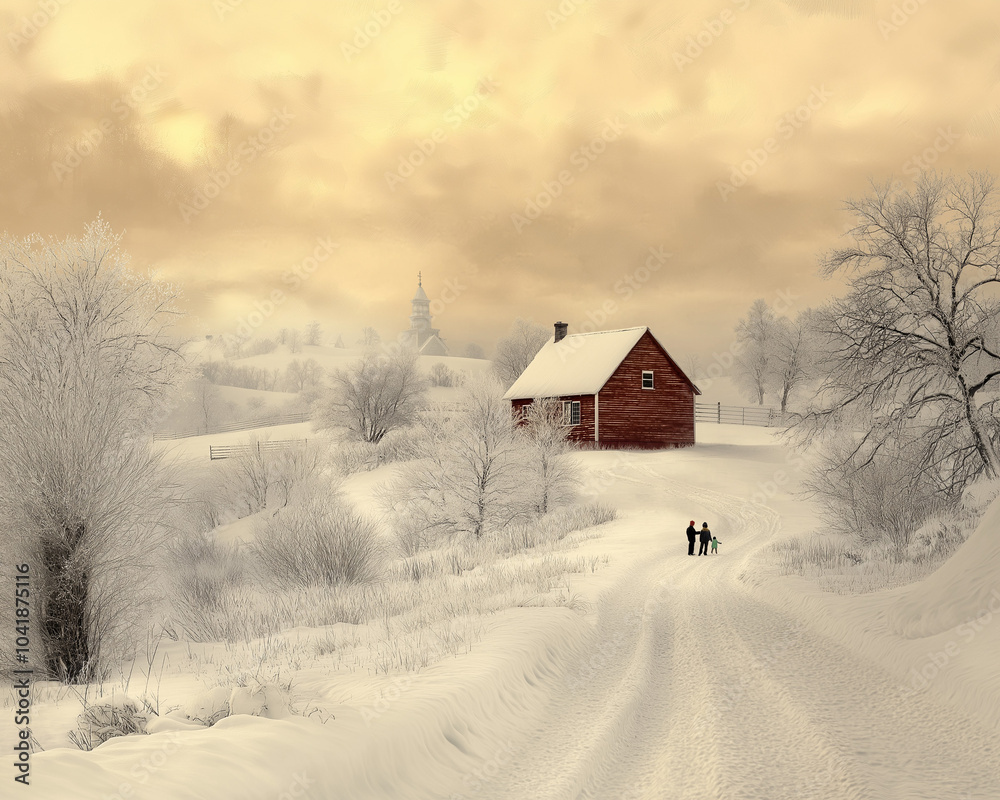 Picturesque winter landscape with rustic barn and distant figures on snowy path under golden sky Picturesque winter landscape with rustic barn and distant figures on snowy path under golden sky