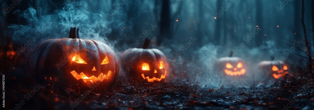 Halloween pumpkins with glowing faces, surrounded by smoke and moonlight, creating a dark and mysterious atmosphere perfect for spooky designs. Halloween pumpkins with glowing faces, surrounded by smoke and moonlight, creating a dark and mysterious atmosphere perfect for spooky designs.