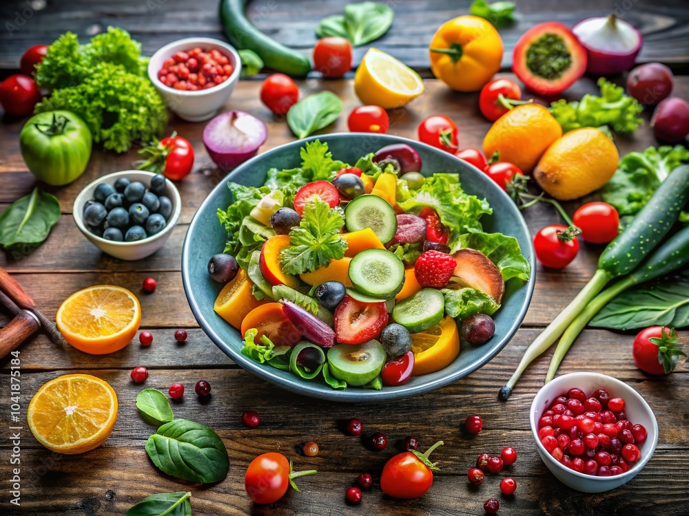 Fresh and Colorful Salad with Vegetables and Fruits for Healthy Eating and Nutrition Fresh and Colorful Salad with Vegetables and Fruits for Healthy Eating and Nutrition