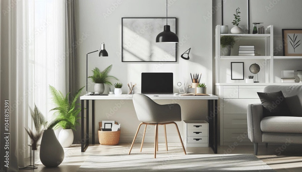 Modern Minimalist Workspace with Laptop and City View Modern Minimalist Workspace with Laptop and City View