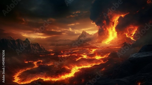 Vivid depiction of scrolls featuring intricate designs, set in front of a volcano spewing hot lava.