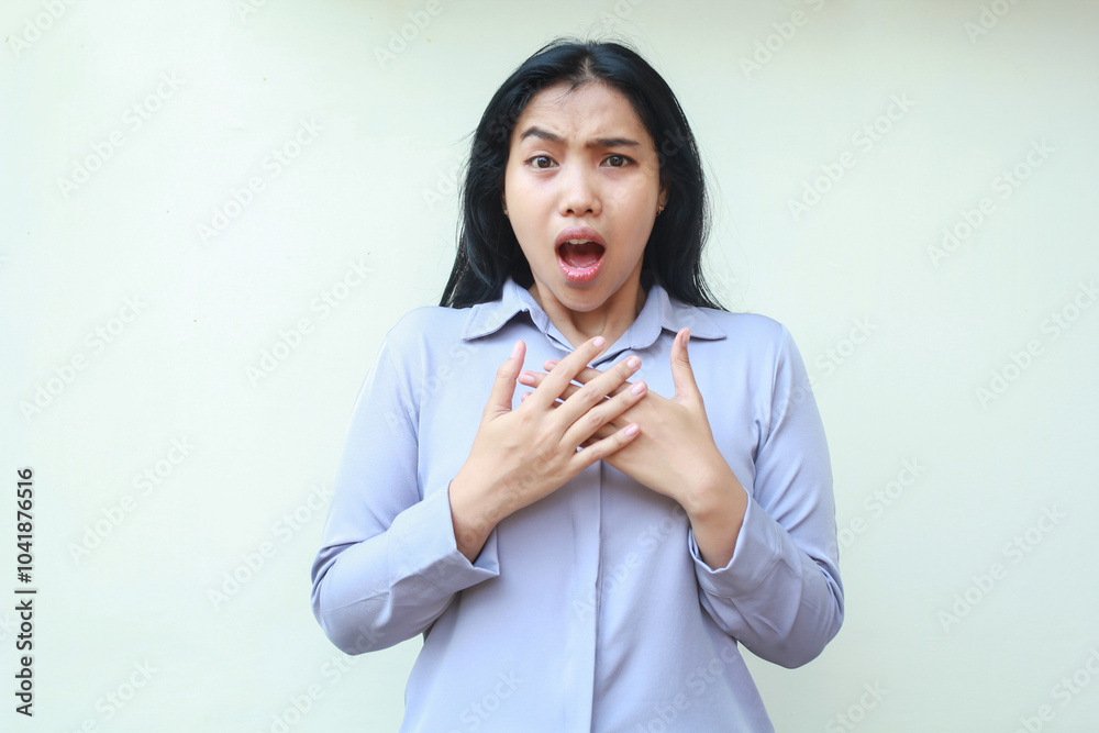 shocked asian young woman wearing formal office clothes stunned looking at camera with open mouth and hands on chest, standing over isolated white background shocked asian young woman wearing formal office clothes stunned looking at camera with open mouth and hands on chest, standing over isolated white background