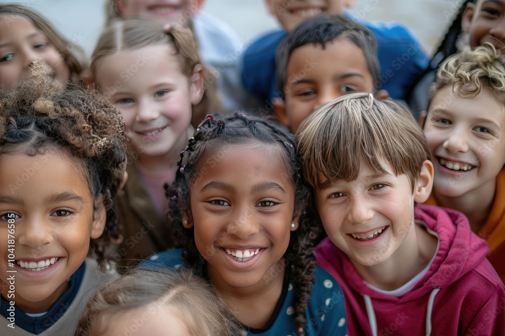 A joyful and vibrant group of multiethnic children smiling and enjoying their time outdoors in a schoolyard. A joyful and vibrant group of multiethnic children smiling and enjoying their time outdoors in a schoolyard.