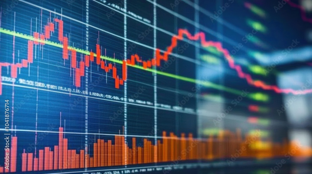 Fototapeta premium A digital stock market chart displaying fluctuating prices and trading volumes.