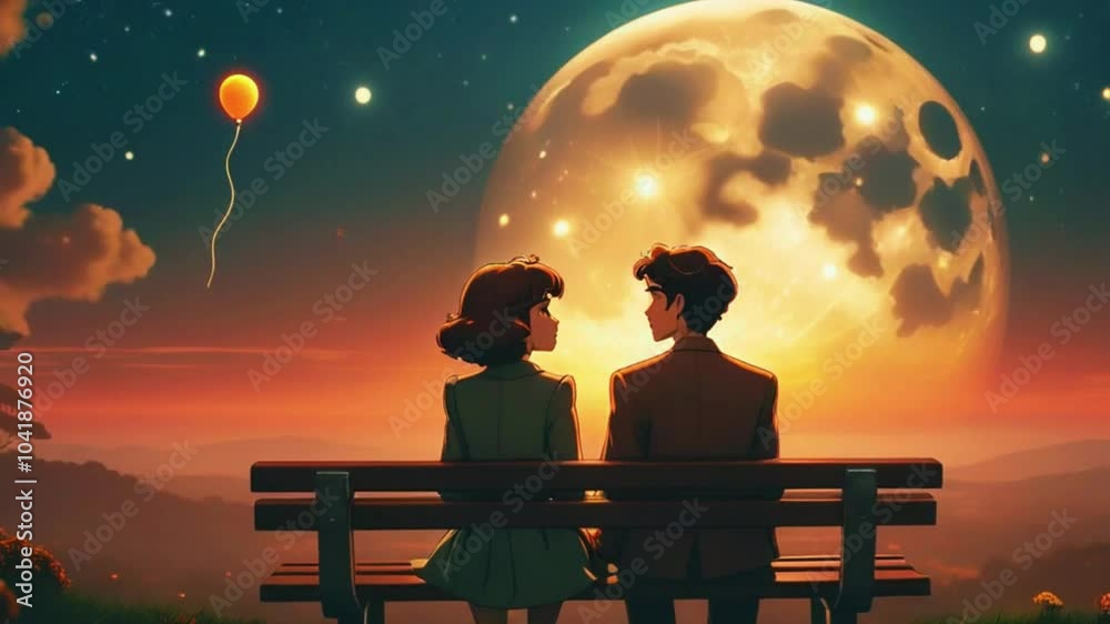 Abstract fantasy classic Lofi romantic couple illustration in retro anime style 3D moon glow love passion Lo-fi 4K Seamless loop hip-hop chill vibes Relaxing music lofi bites vaporwave animation