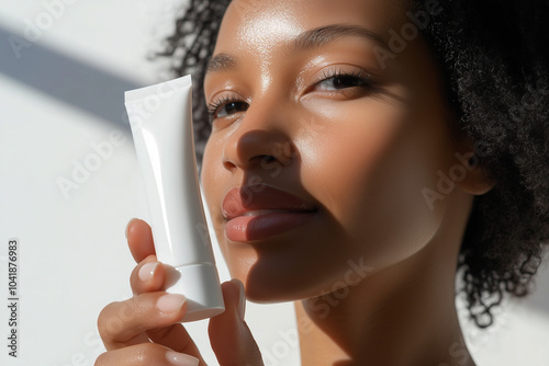 Beauty female woman model holding hand empty white blank cream tube mockup template in front of face, perfect facial skin routine. Cosmetic commercial background.