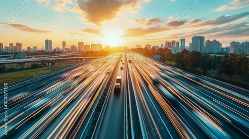 Expressway scene showcases the vibrant energy of city life at dusk.