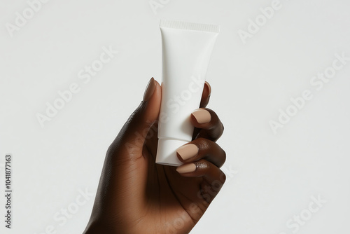 Obraz na płótnie Black beauty female woman's hand holding white empty blank mockup skincare cream tube template, cosmetics commercial ad on white background. w salonie