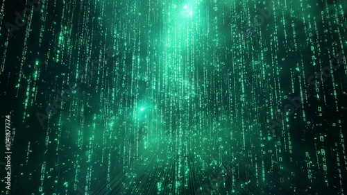 Futuristic Digital Code Rain: Matrix-Inspired Glowing Green Binary Stream Background or Banner  photo