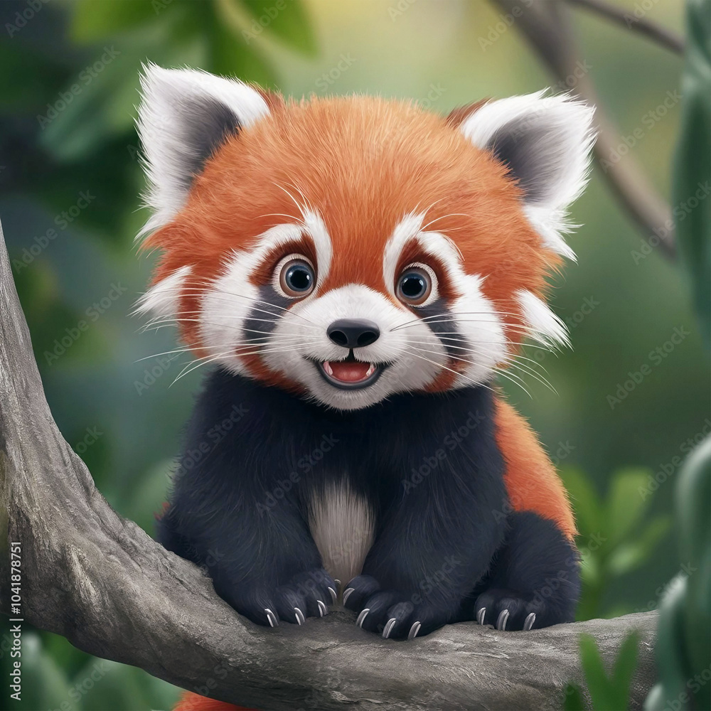 cartoon illustration of a cheerful baby Red panda