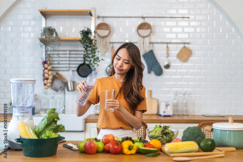 Portrait asian beauty body slim woman drinking water from a bottle while relax and feeling fresh, refresh drink, wellness, diet, healthcare, mineral at home.Healthy liquid lifestyle concept Portrait asian beauty body slim woman drinking water from a bottle while relax and feeling fresh, refresh drink, wellness, diet, healthcare, mineral at home.Healthy liquid lifestyle concept