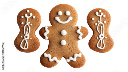 A cheerful gingerbread man surrounded by decorative gingerbread cookies on a transparent background, perfect for festive baking themes. photo