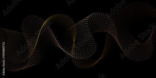 Abstract wavy dotted curved line dark black background. vector futuristic background with particle waves Beautiful shaped array of glowing line. abstract volume voice technology vibrate and music bg.	 photo