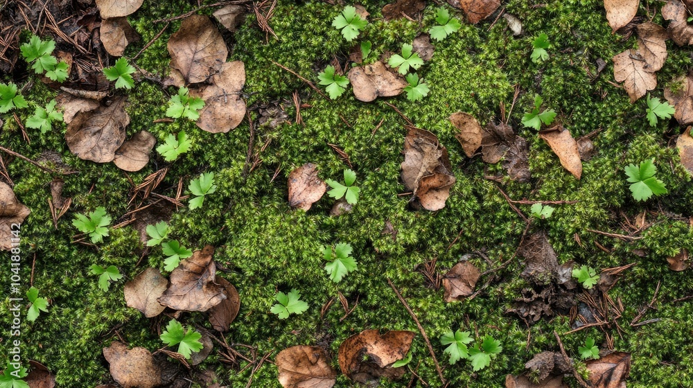 Mossy forest floor texture with small leaves, twigs, and dirt Mossy forest floor texture with small leaves, twigs, and dirt