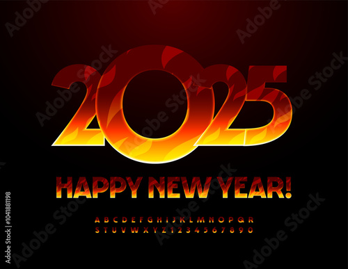 Vector flaming Greeting Card Happy New Year 2025! Bright Burning Font. Fire pattern Alphabet Letters and Numbers set.