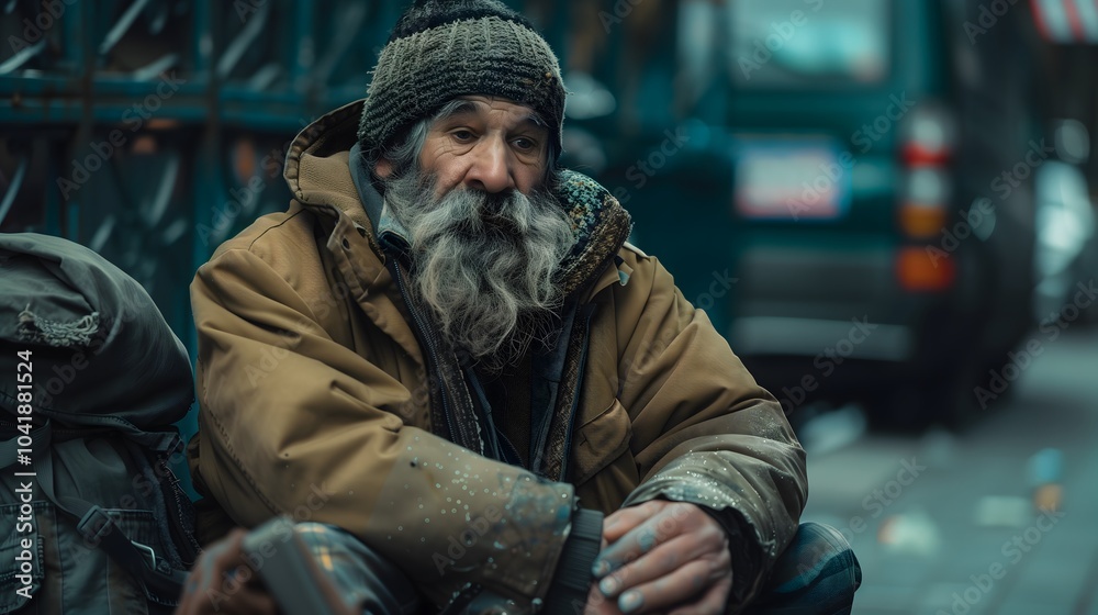 Old homeless man faces city street life in growing poverty - hungry beggar shows daily problems of poor urban existence as winter nights bring deeper despair Old homeless man faces city street life in growing poverty - hungry beggar shows daily problems of poor urban existence as winter nights bring deeper despair