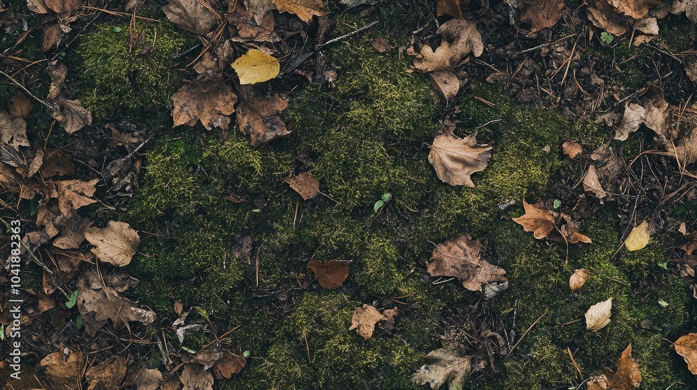Mossy forest floor texture with small leaves, twigs, and dirt Mossy forest floor texture with small leaves, twigs, and dirt