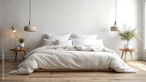 Wallpaper Mural Minimalist white linen duvet bed with soft cushions, cozy design Torontodigital.ca