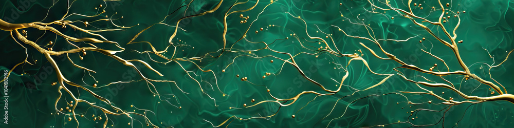 An emerald green background filled with delicate gold branches, exuding luxury and nature. An emerald green background filled with delicate gold branches, exuding luxury and nature.