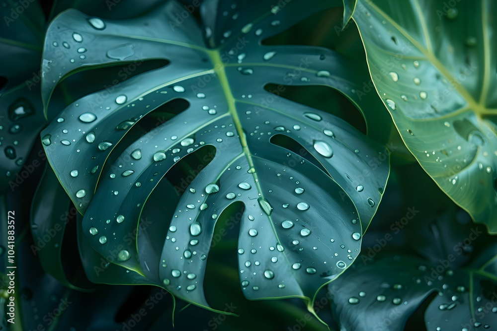 A close up of a leaf with water droplets on it A close up of a leaf with water droplets on it