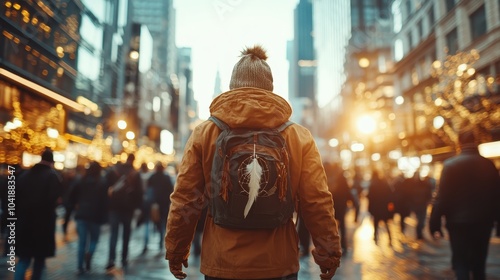 An individual wearing a backpack walks through a bustling urban street at golden hour, evoking a sense of adventure and wonder amid city lights and architecture.