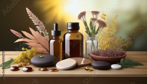 Aromatherapy with essential oils and healing crystals Serene atmosphere.