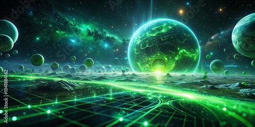 Futuristic Green Sci-Fi Landscape with Glowing Particles and Holographic Elements for Digital Space Exploration