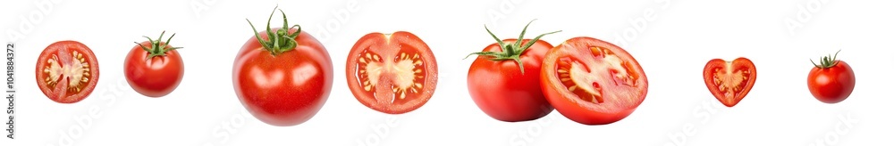 An isolated image of two fresh tomatoes, one whole, the other half, on white or transparent background. An isolated image of two fresh tomatoes, one whole, the other half, on white or transparent background.