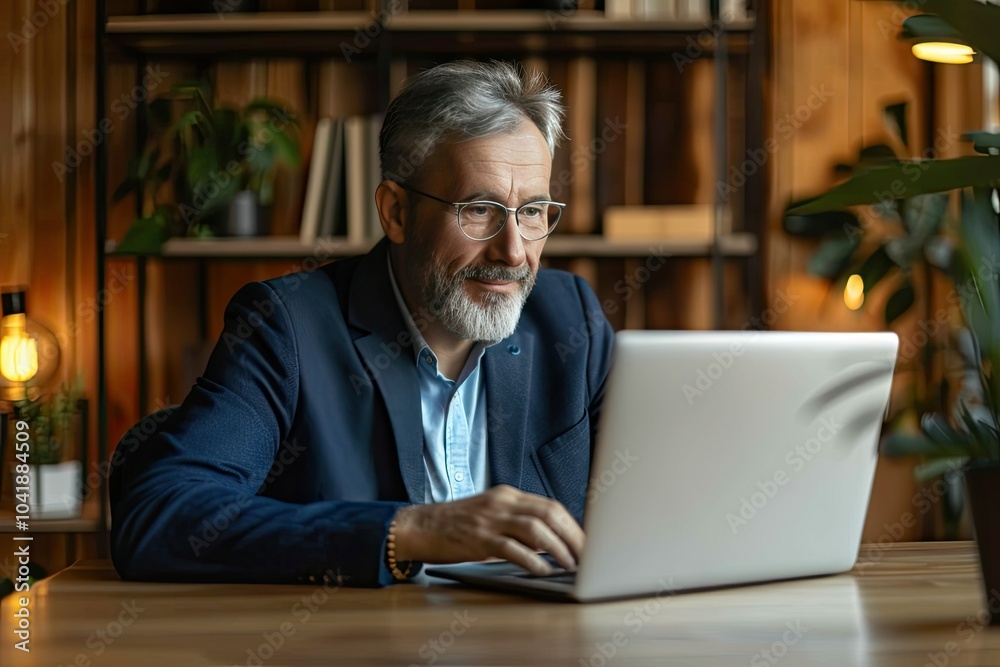 A cheerful mature business executive in a suit sits at a desk, smiling while using a laptop to attend an online webinar. A cheerful mature business executive in a suit sits at a desk, smiling while using a laptop to attend an online webinar.