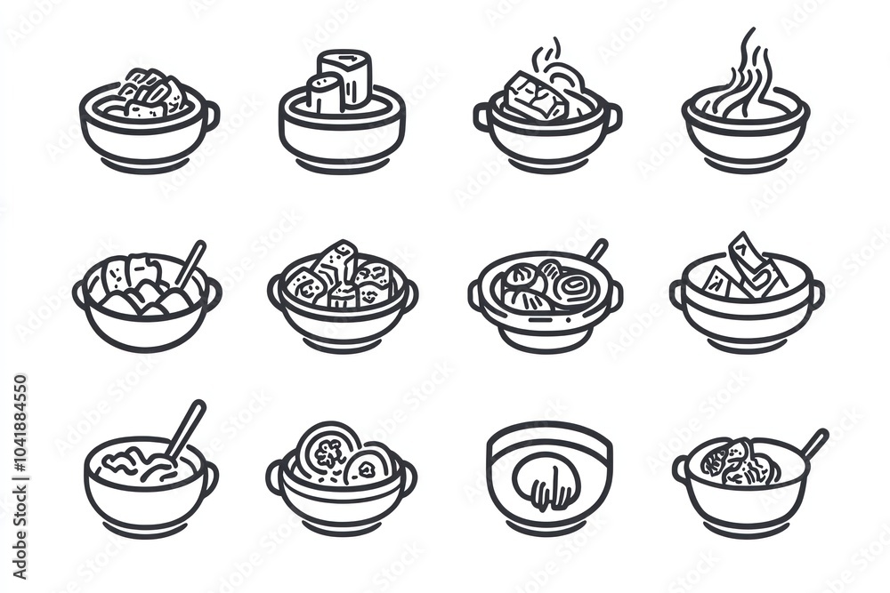 Line Drawing Icons of Assorted hotpot menu in a grid layout in white background Line Drawing Icons of Assorted hotpot menu in a grid layout in white background