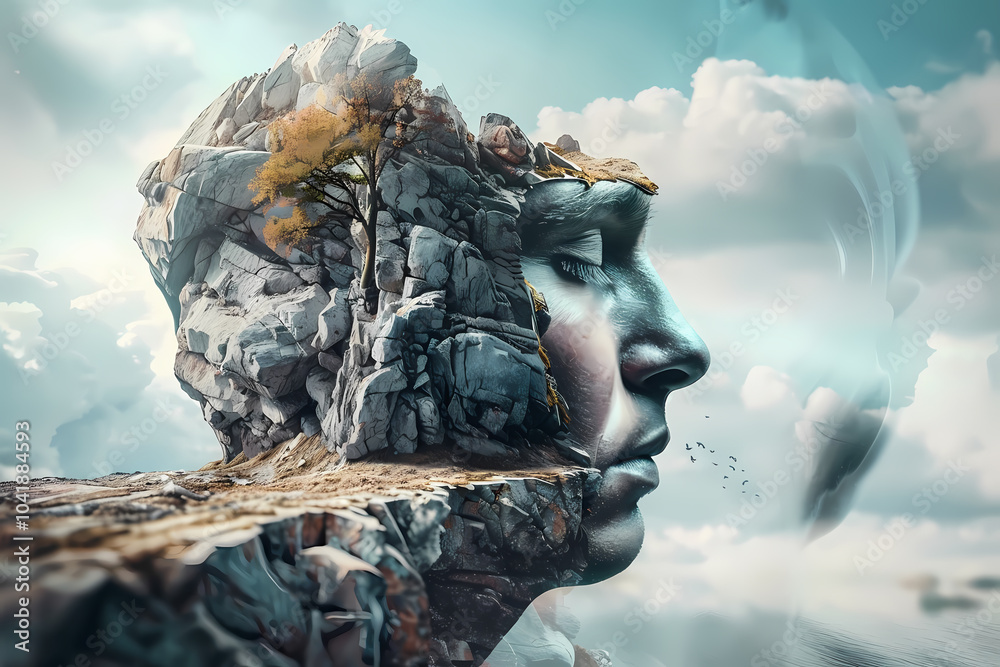 A surreal blend of nature and the human face, showcasing a rocky landscape emerging from a contemplative profile, with soft clouds in the background. A surreal blend of nature and the human face, showcasing a rocky landscape emerging from a contemplative profile, with soft clouds in the background.
