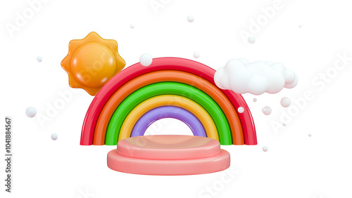 Children 3d background, rainbow, podium and white bubbles clouds Marketing, advertising poster Minimal three-dimensional 3D render illustration