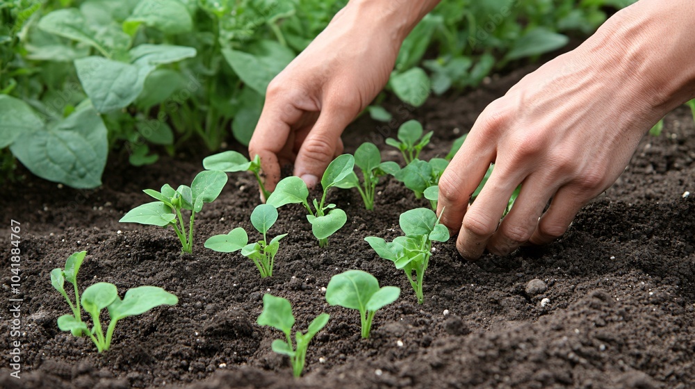 Hands Planting Seedlings in Garden Soil Hands Planting Seedlings in Garden Soil