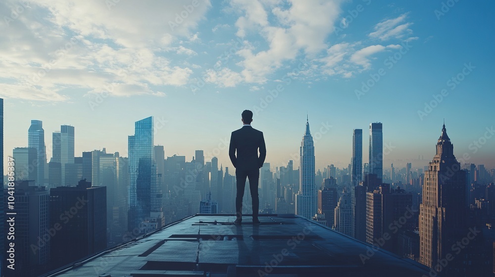 Businessman Overlooking City Skyline at Dusk Businessman Overlooking City Skyline at Dusk