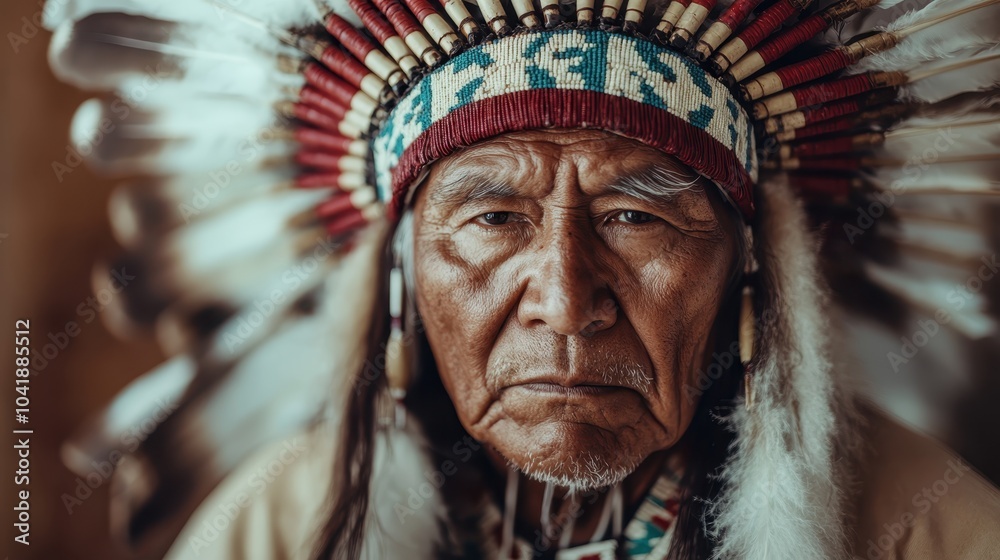 A dignified elder poses, wearing a feathered headdress, his serious expression communicating age-old wisdom, cultural identity, and resilience. A dignified elder poses, wearing a feathered headdress, his serious expression communicating age-old wisdom, cultural identity, and resilience.