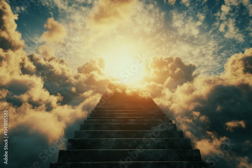 Ascending Stairs to the Bright Cloudy Sky