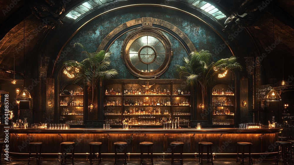 Fototapeta premium Luxurious Steampunk Bar Interior with Phosphorescent Glow