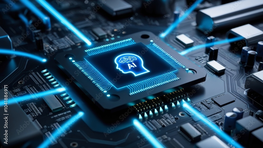 Futuristic AI chip glowing on a circuit board, symbolizing advanced tech and intelligence. Artificial Intelligence concept Futuristic AI chip glowing on a circuit board, symbolizing advanced tech and intelligence. Artificial Intelligence concept